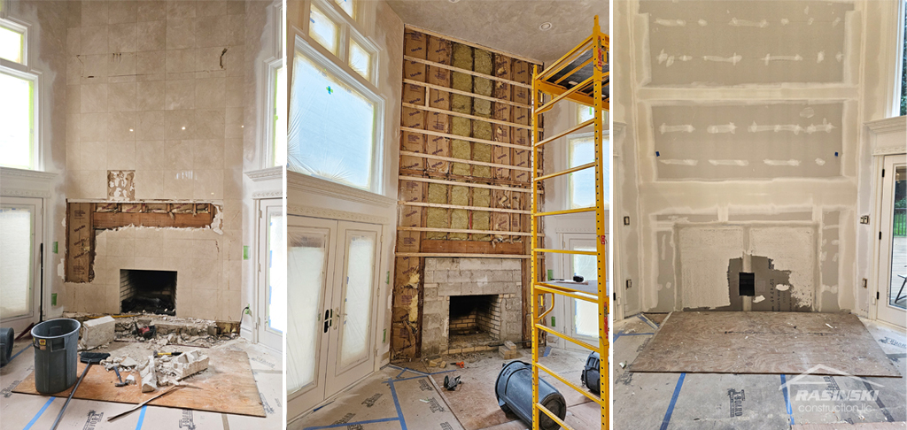 In progress of a fireplace remodel Rasinksi Construction completed in Colts Neck NJ